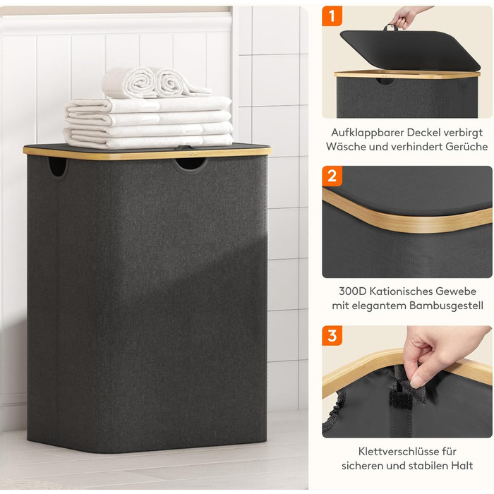 Кошик для білизни Lifewit 150L з кришкою, сортувальник для білизни з 3 відділеннями, велика коробка для білизни, сірий