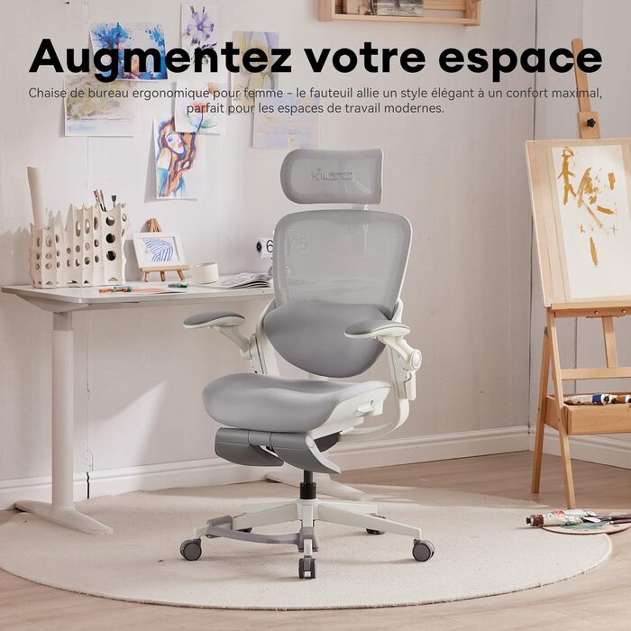 Ергономічне крісло Musso E80 Muse FemmePosture™ для жінок - регулювання спинки до 135°, 3D-підтримка попереку, 17см 4D-підголівник, висувна підніжка, регулювання глибини та висоти сидіння, регульовані підлокітники (Сірий)