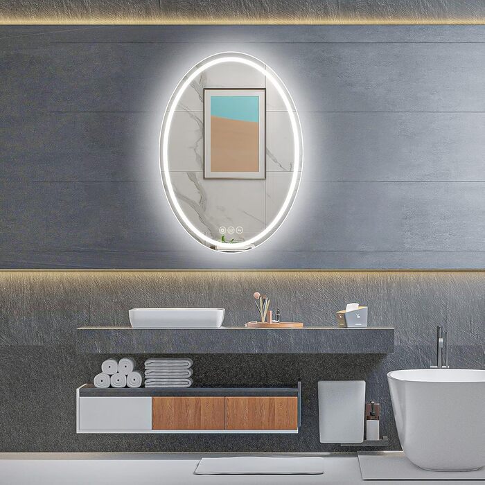 Дзеркало для ванної кімнати Badspiegel Oval з підсвічуванням 50 x 70 см, сенсорне управління, регулювання яскравості, 3 кольори світла, антизапарник, для ванної кімнати, 3000K-6400k