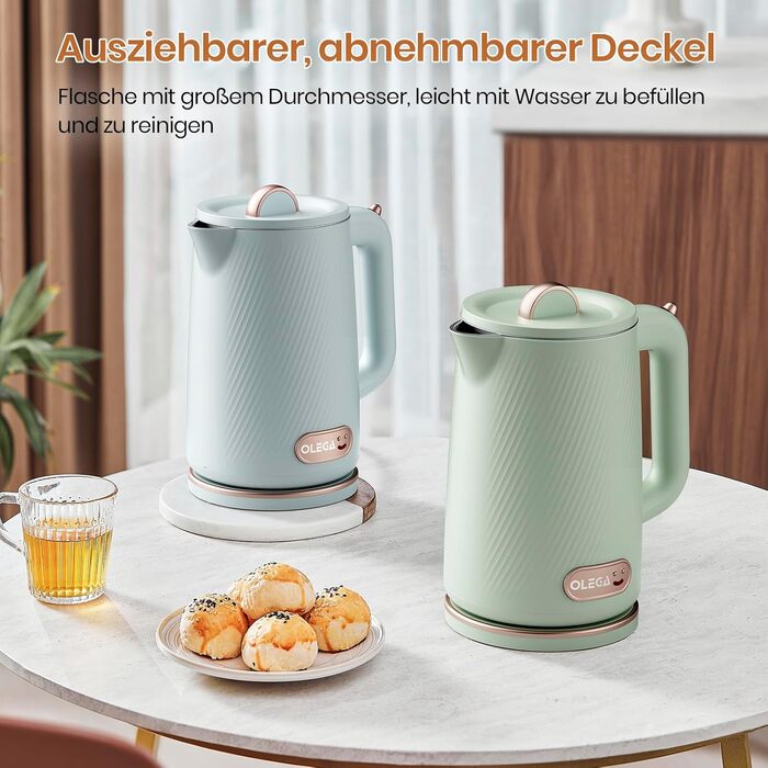 Електричний чайник OLEGA 1.8L, 1800W, з автоматичним відключенням та захистом від сухого кип'ятіння, нержавіюча сталь 304, без BPA, зелений