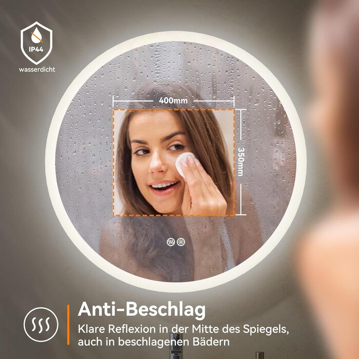 Дзеркало для ванної кімнати HOROW Кругле з підсвіткою 80см LED, регульоване, антизапар, без рами, IP44, 80x80 см