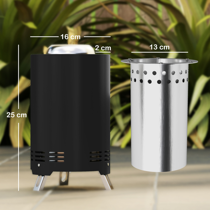 Вогнева чаша діаметром 16 см та висотою 25 см з нержавіючої сталі. Вогнева чаша з гачком для шампурів, без диму, чорного кольору.