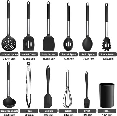 Набір кухонного приладдя Herogo, 12 шт. Силіконові кухонні інструменти з нержавіючою сталею, стійкі до високих температур, лопатки, ложки, шпателі з підставкою, легко миються - Чорний