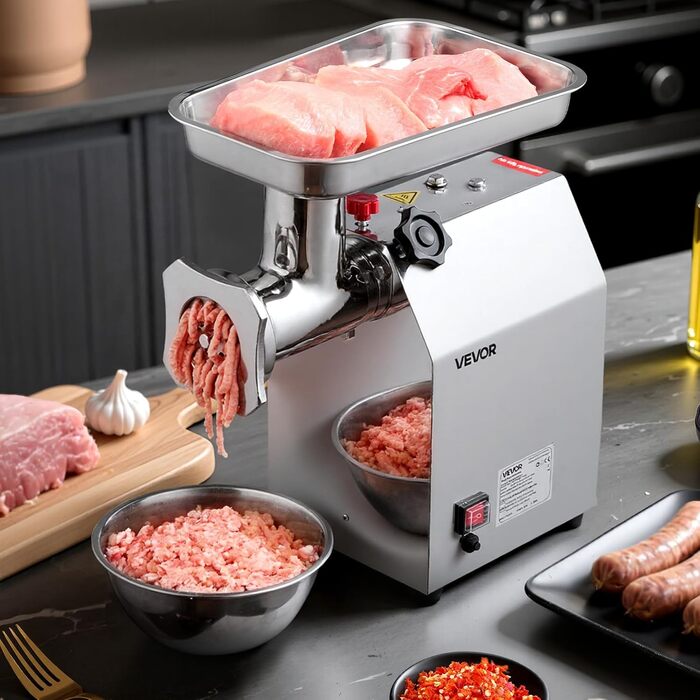Електрична м'ясоподрібнювач VEVOR, 4.2 кг/хв, 1100 Вт, з лезом та диском, для ресторану, з нержавіючої сталі