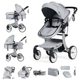 Дитяча коляска 2 в 1 Costway, комбінована, з регульованою спинкою, підніжкою, капюшоном, москітною сіткою, для дітей до 3 років (сіра)