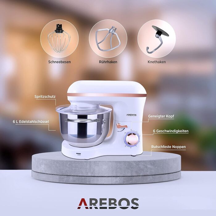 Кухонна машина Arebos 1500W з чашею 6L з нержавіючої сталі | Змішувач, гак для тіста, вінчик | Кришка-розбризкувач | 6 швидкостей | Кухонний комбайн | Машина для тіста (Біла)