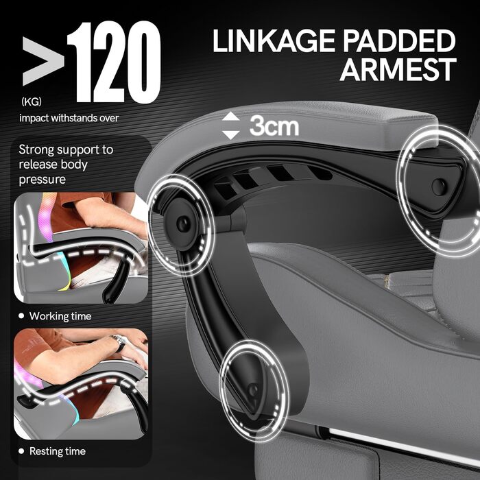 Ігровий крісло Bigzzia з RGB LED підсвічуванням - ергономічне геймерське крісло з підтримкою попереку та підніжкою, регульоване та поворотне, з PU-шкіри, 150 кг, сірий