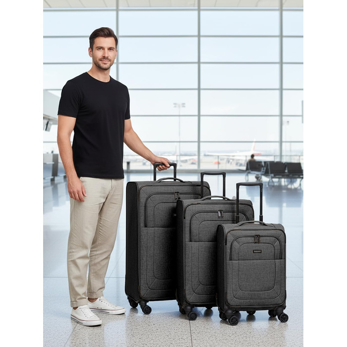 Набір тканинних валіз REDOLZ Essentials 12 (3 шт.), чорні дорожні Trolley з 4-ма подвійними колесами, TSA-замком та функцією розширення