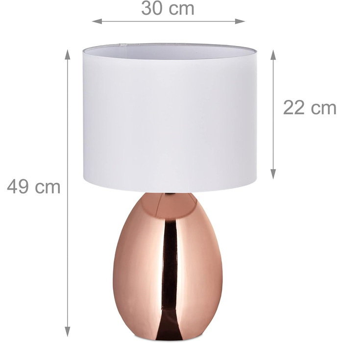 Приліжкова лампа Relaxdays з сенсорним керуванням, сучасна настільна лампа, HxD 49 x 30 см, E14, настільна лампа з тканинним абажуром, мідь/білий