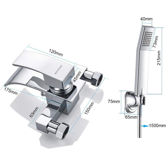 Набір для ванни з водоспадом: змішувач, душова лійка, шланг, кріплення для стіни (хром)