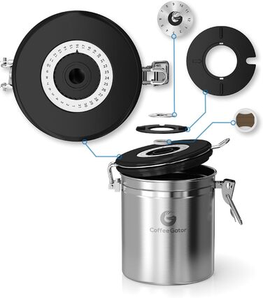 Набір кавових контейнерів Coffee Gator з нержавіючої сталі (2 шт.) – зберігає каву свіжою довше. З датою розкриття, CO2-вентилем та мірною ложкою.