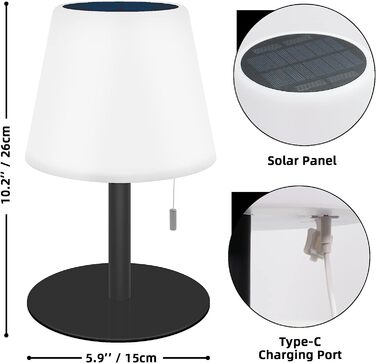 Настільна лампа FUYO на сонячній батареї, бездротова світлодіодна настільна лампа 2 в 1 з регульованою яскравістю, кольори RGB, USB і сонячна акумуляторна Водонепроникна настільна лампа IP44 для зовнішньої тераси, саду, спальні (чорний)