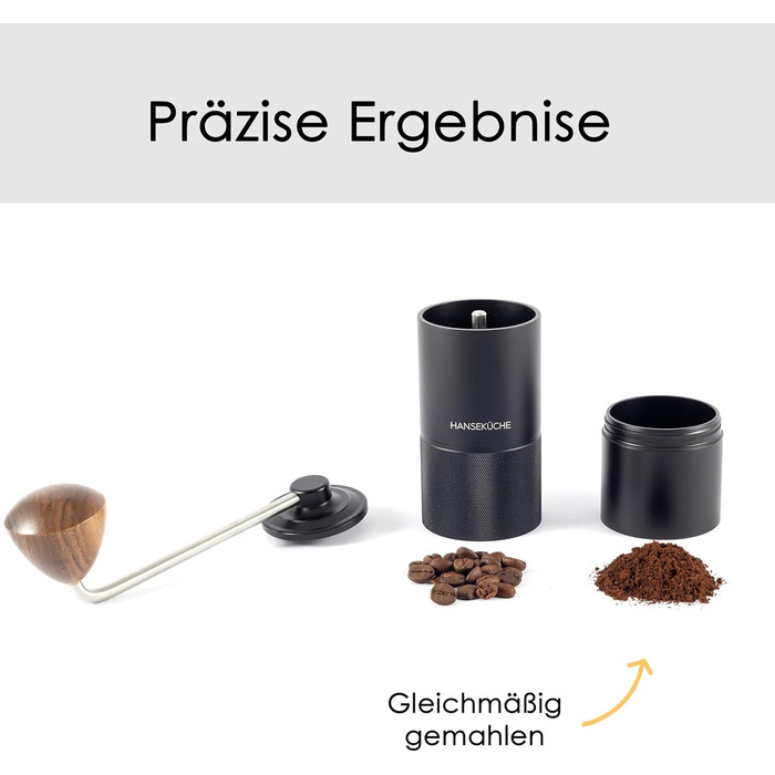 Кавомолка ручна з прецизійним шліфувальним механізмом з нержавіючої сталі та дерев'яним руків'ям - конічний жорно для еспресо, кавомолка для еспресо, нержавіюча сталь (чорний)