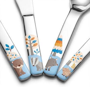 Дитячий ергономічний набір столових приборів Puresigns (4 шт.) з нержавіючої сталі 18/10 – Безпечний та довговічний – Мотиви лісових тварин (ведмедик, барсук, кабан) – Можна мити в посудомийній машині – Ідеально для малюків та тих, хто вчиться їсти