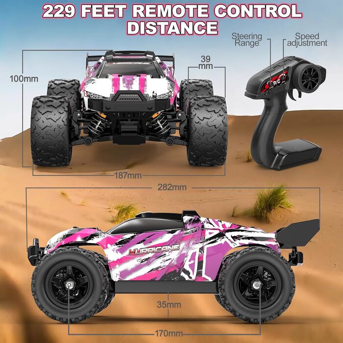 RC Автомобіль Monstertruck 1:18 4WD, Позашляховик 40 км/год, Металеве передавання, 2x1300mAh, Рожевий - для дорослих та дітей від 10 років