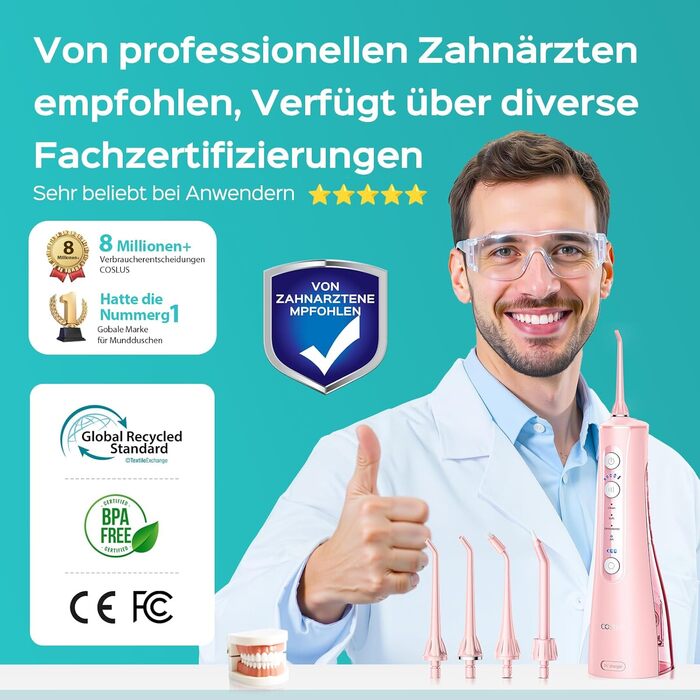 COSLUS Електрична душова насадка бездротова: 20 бар, IPX7, водонепроникна, 4 режими для гігієни порожнини рота, 5 інтенсивностей (Рожева)