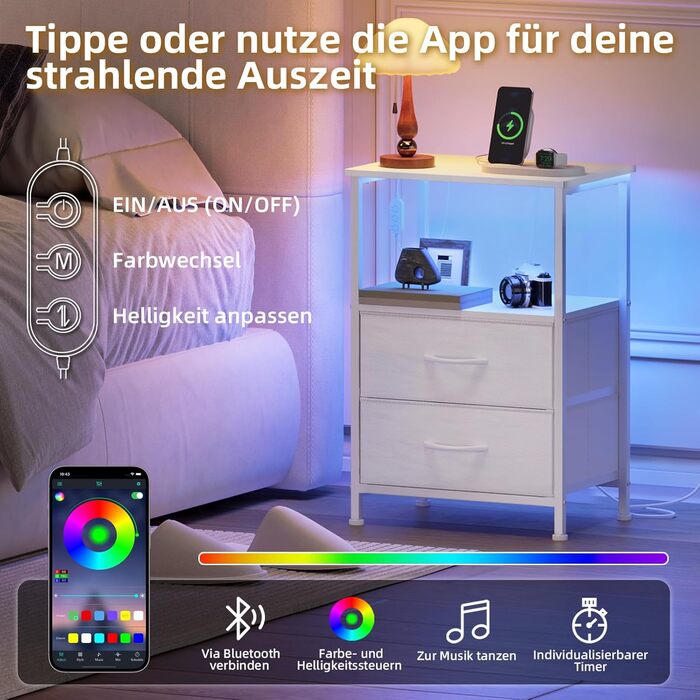 Нічний столик Somdot з LED, USB та Type-C, 2 висувні ящики, штучна шкіра, білий (30x40x60 см)