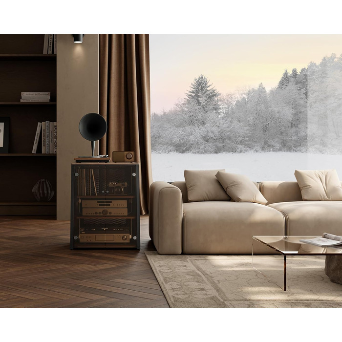 FITUEYES СТЕЛЖ-стійка HiFi з дверцятами з скла, стіл для програвачів, регульовані полиці для аудіообладнання (66 x 65 x 81 см)