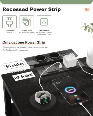 Нічний столик з бездротовою зарядкою, 2 розетки AC та 2 USB, з шухлядою, на колесах, чорний, білий