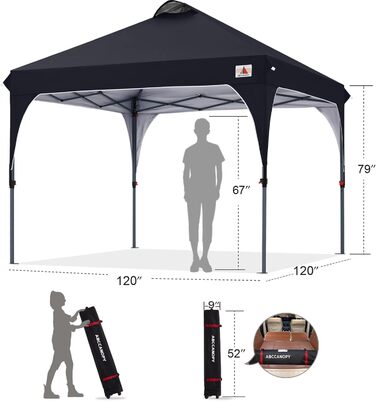 ABCCANOPY павільйон 3x3 м водонепроникний, розкладний, садовий тент для фестивалів, сонцезахисту, компактний, з сумкою на колесах, 4 вантажними мішками, 4 мотузками, 4 кілками, чорний