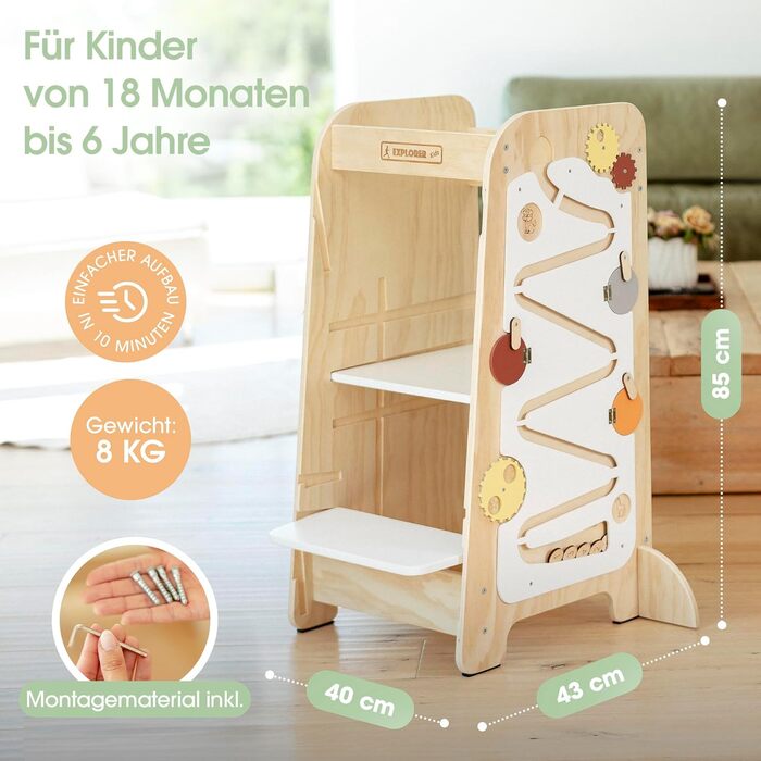 Дитячий навчальний столик-лесенка EXPLORER Kids® 5-в-1 | Монтессорі | Регульована висота, захист від перекидання | Розвиває моторику, вивчення чисел та форм | Дерев'яний, білий та салатовий | Від 1 року