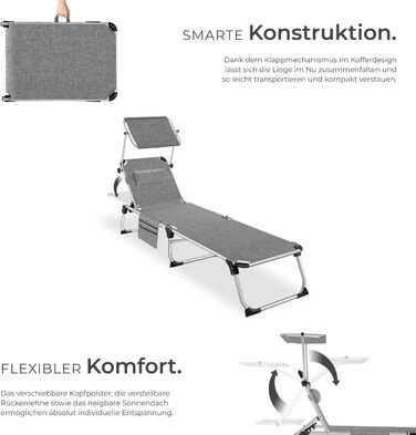 Шезлонг Tectake® з дахом, балконний шезлонг з алюмінію, складаний садовий шезлонг, стійкий до погодних умов, лежак для саду, кемпінгу та пляжу, регульована спинка, подушка для голови, бічна кишеня - сірий меланж