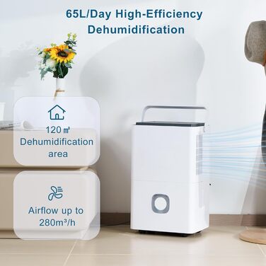 Електричний осушувач повітря для дому: 65л/день, авторежим, резервуар 4.5л з відводом, тихий осушувач для підвалу, офісу, спальні, ванної кімнати, квартири, кухні до 120м², чорний та білий