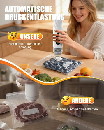 Вакууматор Babacom портативний з резервуаром для води, потужність 60кПа, автоматичний вакуумний пакувальник з пульс-функцією для делікатних продуктів, 20 багаторазових пакетів у комплекті