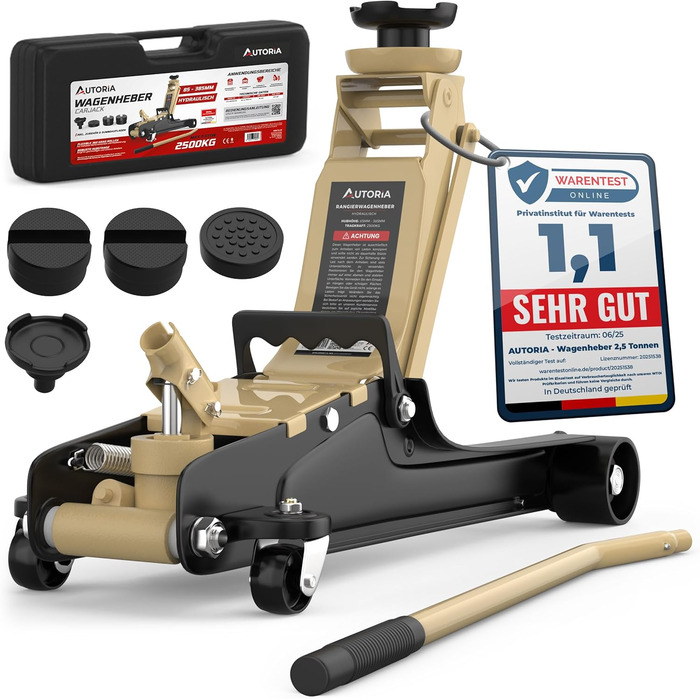 Гідравлічний домкрат Wagenheber 2.5T низькопрофільний для легкових авто та авто з заниженою підвіскою, до 2500 кг, бежевий + 3 гумові накладки та адаптер