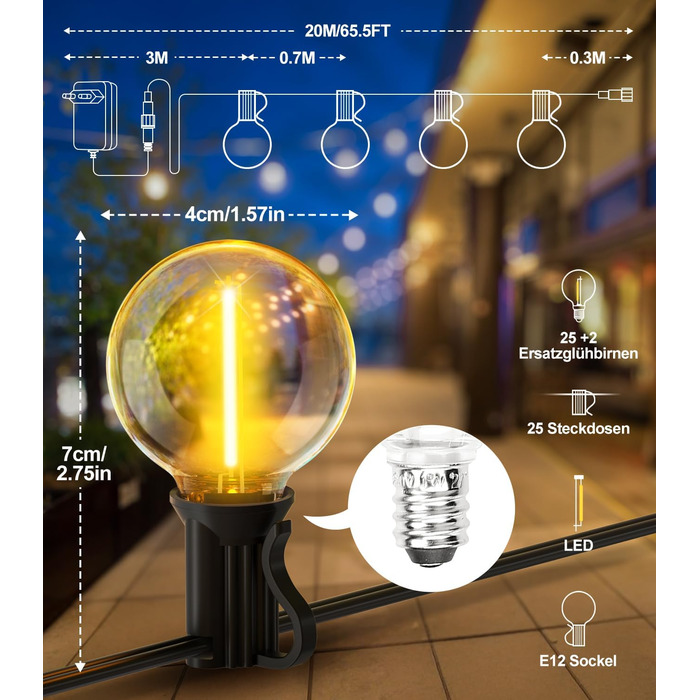 Ланцюжок прикрас LED для вулиці: 20M, 65ft, G40, для саду, балкону, павільйону, тераси, вечірки, з пульт дистанційного керування, IP44, вологостійкий, 20M