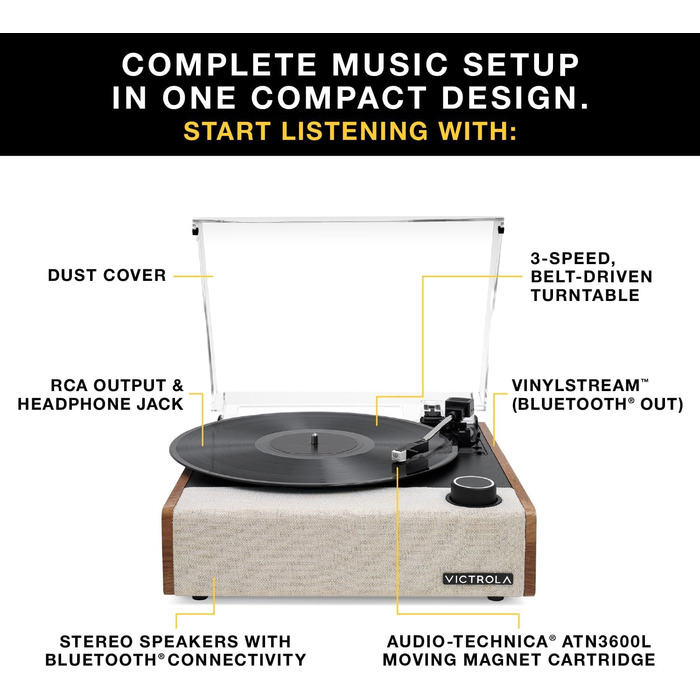 Програвач вінілу Victrola Eastwood II, чорний, з Bluetooth 5.1, вбудованими динаміками, технологією Vinyl-Stream, трьома швидкостями та картриджем Audio Technica AT-3600LA, ретро дизайн