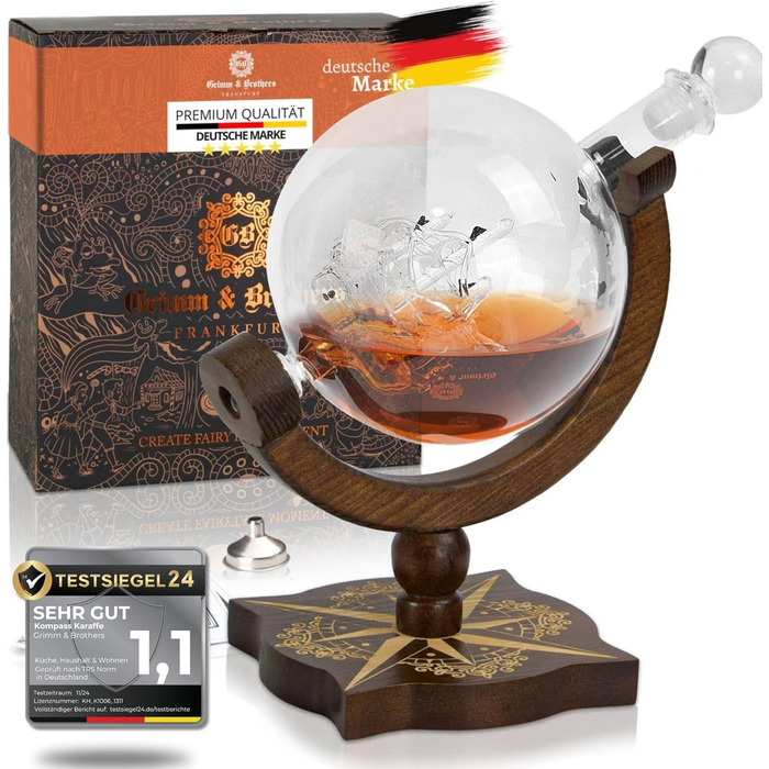Karafe для віскі Grimm & Brothers Kompass ECHTHOLZ 850ml з привітальною листівкою - аксесуари для віскі, подарунок для чоловіків, глобус, подарунковий набір
