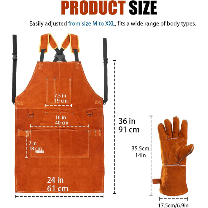 Швейний фартух QeeLink зі шкіряними рукавичками - фартух зі 6 кишенями, вогнестійкий та термостійкий для зварювальників (колір: коричневий, розмір: 61 x 91 см)