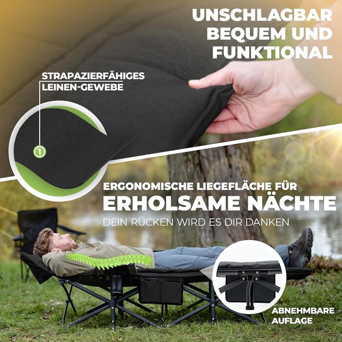 Розкладне ліжко для кемпінгу NORDICTRAILS XXL з м'яким матрацом, чорне (190 x 70 см) — зручне похідне ліжко для відпочинку та риболовлі