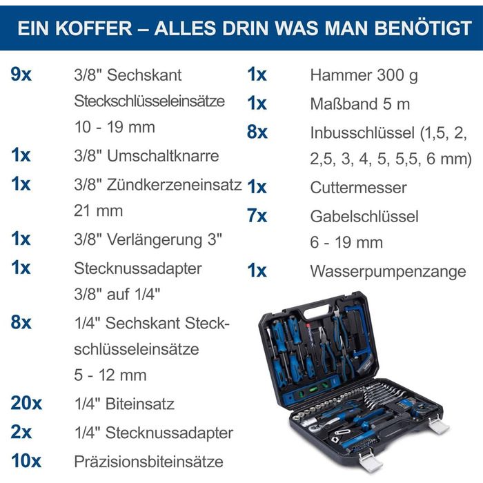 Набір інструментів Scheppach WZK120 (97 предметів) в кейсі з міцного пластику: викрутки, біти, шестигранники, ручний інструмент з гумовими ручками