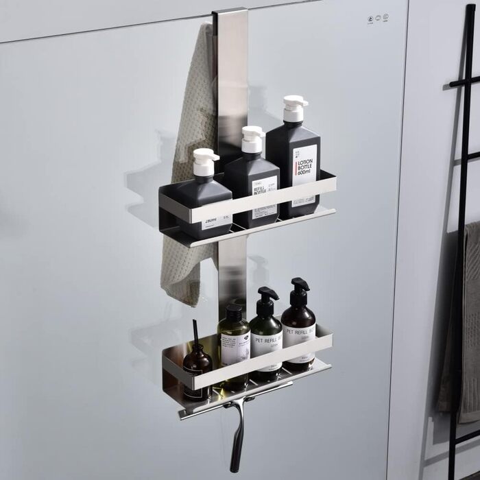 Настінна поличка для душу з 2 ярусами, нержавіюча сталь SUS304, з гачками, для скляних душових кабін, H30BN-2DH, 2 відділення, матове нікель