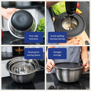 Набір місок для перемішування з нержавіючої сталі WHYSKO | Контейнери для зберігання продуктів, міски для кухні та холодильника | Екологічні, міцні (з чорними кришками)