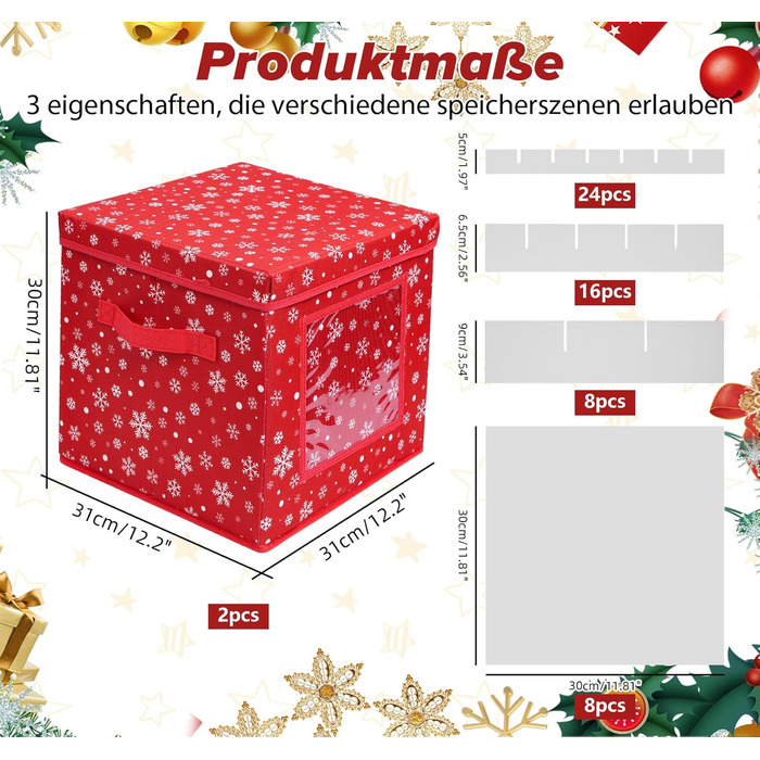 Коробка для зберігання новорічних прикрас з 166 відділеннями, 31x31x30 см, червона, з сніжинками