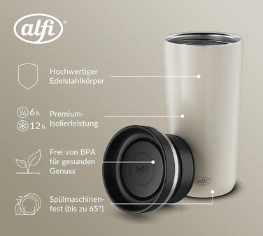 Термокружка Alfi ISO Coffee Mug Pro, бежевий матовий, 0.38 л, нержавіюча сталь, для кави з собою, з термоізоляцією, 6 годин гаряче, 12 годин холодне, без BPA, миється в посудомийній машині