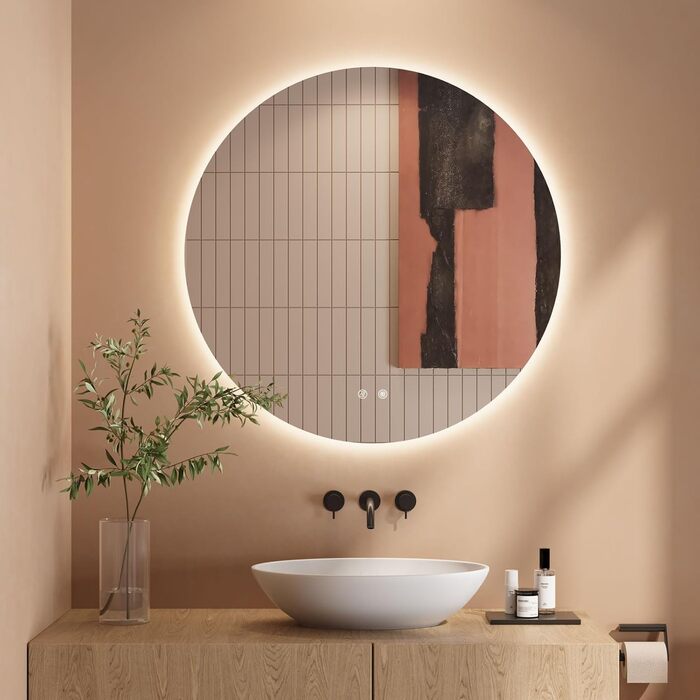 Дзеркало для ванної кімнати з LED підсвічуванням Dripex, сенсорне керування, регулювання яскравості, 3 кольори світла, антизапарник, 80x80 см (кругле)