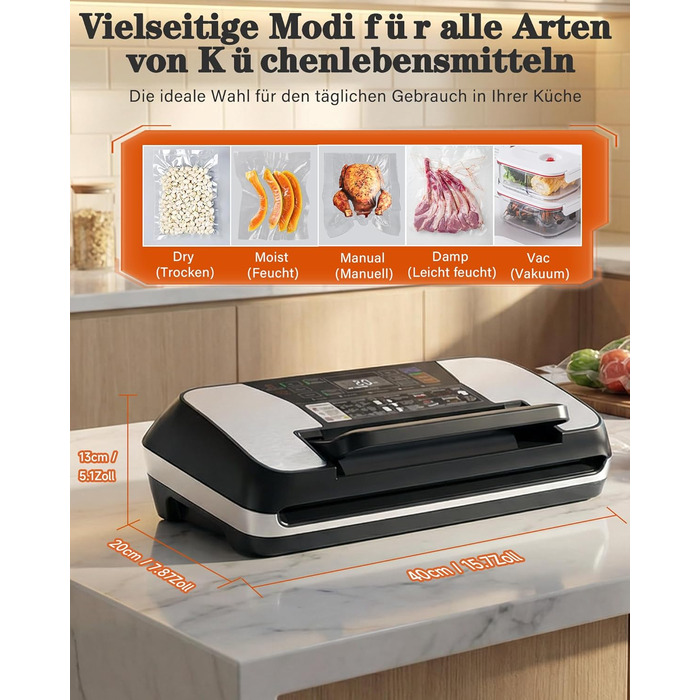 Вакууматор для продуктів 12-в-1 (95 kPa) з подвійним швом, системою Easy-Lock та вбудованим різаком, сріблястий