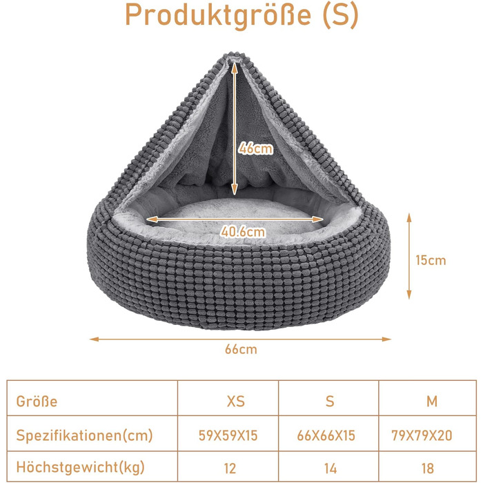 Ліжко для собак середнього розміру, ліжко для собак маленьких собак, ліжко для собак кругла пухнаста ліжко для кішок ліжко для домашніх тварин з капюшоном, Нековзна ліжко для собак миється, 66x66x15 см, вміщує до 14 кг домашніх тварин S (66x66x15 см)
