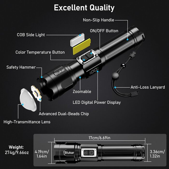 Ліхтар Blukar LED з двома температурами світла, бічним COB-підсвічуванням, регулюванням яскравості та зумом, акумуляторний, водонепроникний, 7 режимів, чорний