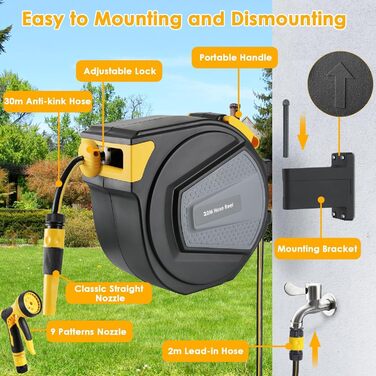 Шланговий барабан з шлангом для саду, настінний, поворотний на 180°, автоматичне змотування, бокс для шланга з ручною лійкою, 9 функцій, для поливу та миття авто (чорно-жовтий, 20 м)