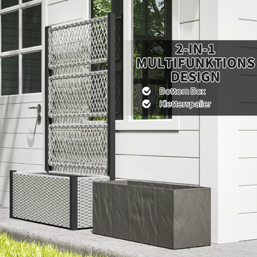 Підвищене грядка з опорою для ліан у стилі ротангу, квітник/ящик для рослин з підпірками, 90 x 35 x 148 см, сірий