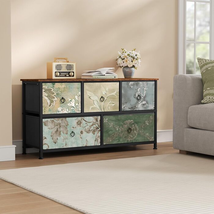 Комод WOLTU з 5 висувними ящиками з тканини, шафа-комод, тумбочка під ТБ, для вітальні, спальні, коридору, з металевим каркасом, ДСП, білий, SSK005ws. Білий (Рустикальний коричневий + чорний + вінтажний квітковий принт, 5 тканинних ящиків)