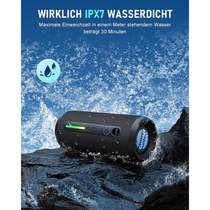 Портативна Bluetooth колонка OHAYO 24W з RGB підсвічуванням, басами, IPX7, 30 годин роботи, мікрофоном, для відпочинку на природі (чорна)