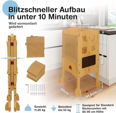 Дитячий навчальний столик-сходинка (1 рік+) з сіткою безпеки 360° - стабільний, масивний, з анти-кидкою, білий (натуральне дерево)