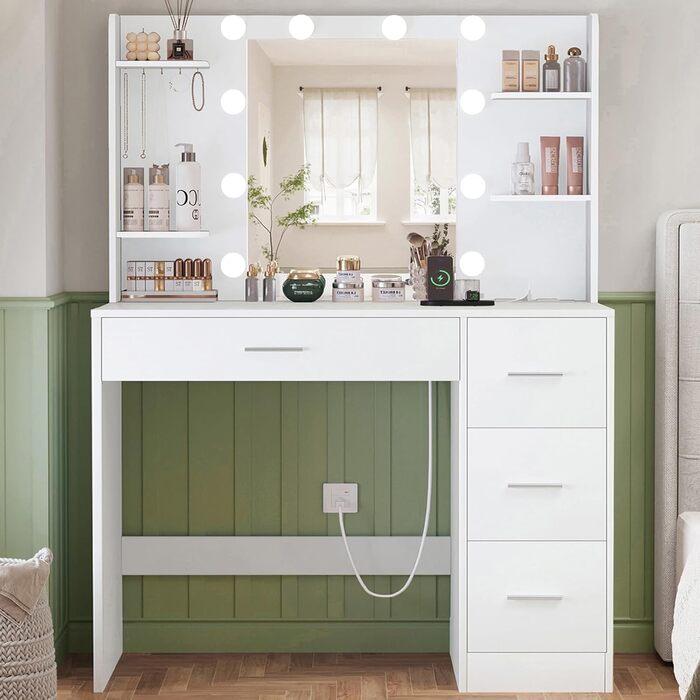 Трюмо TEENFON з дзеркалом та підсвічуванням, біле. 4 шухляди, 4 відкриті полиці, 5 гачків для прикрас.