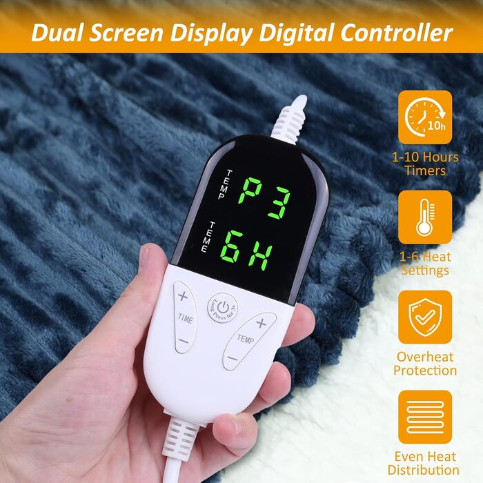 Електрична ковдра ITSHINY 180x135 см з цифровим регулятором, 6 режимів нагріву, таймер 1-10 годин, захист від перегріву, пральна, м'який фланель (Блакитна)
